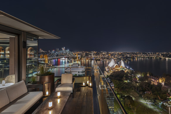 The light-spangled view from Aster, the InterContinental Sydney’s rooftop bar.