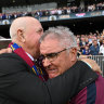 Leigh Matthews embraces Chris Fagan after the siren.