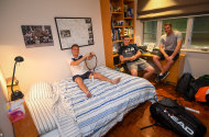 Better than a hotel: (from left) Neal Skupski and brother Ken with host Steve Lustig at the Lustigs' Caulfield North house. 