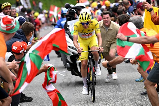 A glorious celebration of cycling: Tadej Pogacar at the Tour de France last year.