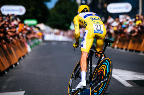 Julian Alaphilippe rides in the yellow jersey at the Tour de France in 2018. 