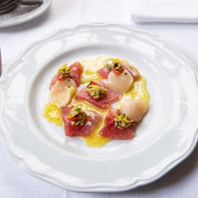 Raw tuna with green olives at Gimlet.