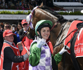 Jockey Michelle Payne after winning the 2015 Melbourne Cup on Prince of Penzance.