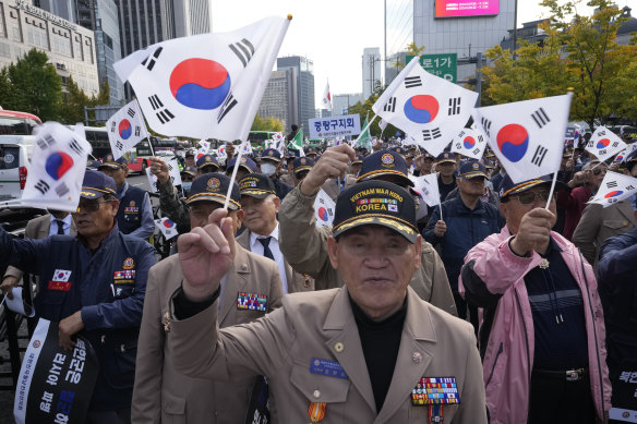 Members of the Korean Vietnam War Veterans’ Association rally in Seoul, South Korea, in October against the deployment of North Korean troops to Russia.