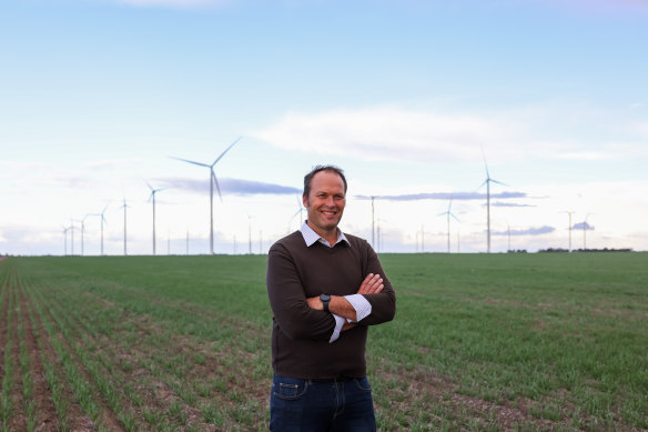 National Farmers’ Federation president David Jochinke hosts wind turbines on his property alongside crops.