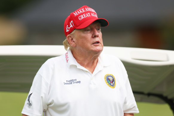 Donald Trump looks on during the pro-am prior to the LIV Golf Invitational - Bedminster at Trump National Golf Club.