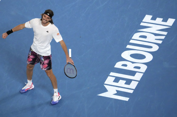 Stefanos Tsitsipas celebrates winning through to the semi-finals.