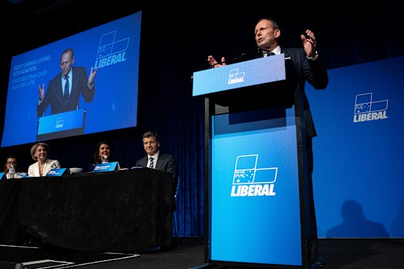 Former Prime Minister of Australia and newly elected Liberal Party Federal President Tony Abbott speaking at the conference.