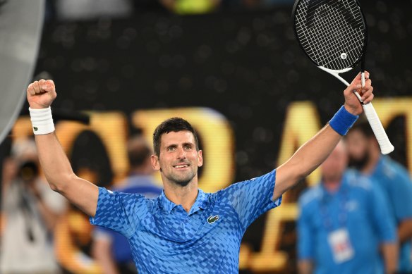 Novak Djokovic celebrating his win over Tommy Paul on Friday night to make the Australian Open men’s final.