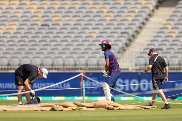 Kraigg Brathwaite of the West Indies is seen during a West Indies cricket team training session at Optus Stadium in Perth on Tuesday

