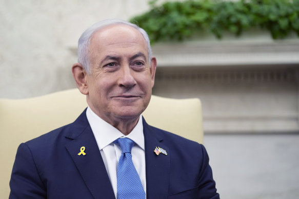 Israeli Prime Minister Benjamin Netanyahu speaks during his meeting with President Joe Biden in the Oval Office.