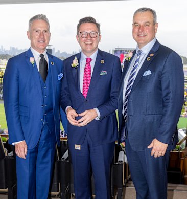 VRC chairman Neil Wilson, left, at the Cox Plate with Racing Minister Anthony Carbines and Moonee Valley chairman Adam Lennen.