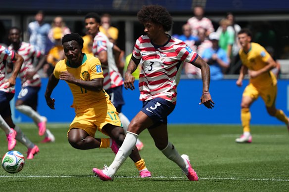 Australia’s Nestory Irankunda came on in the second half and helped the Socceroos fight back into the contest against the US.