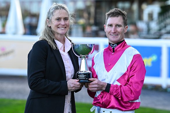 Trainer Andrea Leek and jockey Daniel Stackhouse after her hose Cosmic Crusader won the Bletchingly Stakes at Caulfield.