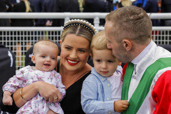 Brenton Avdulla with wife Taylor, baby daughter Bella and son Hunter after winning the Sires’ Produce Stakes.