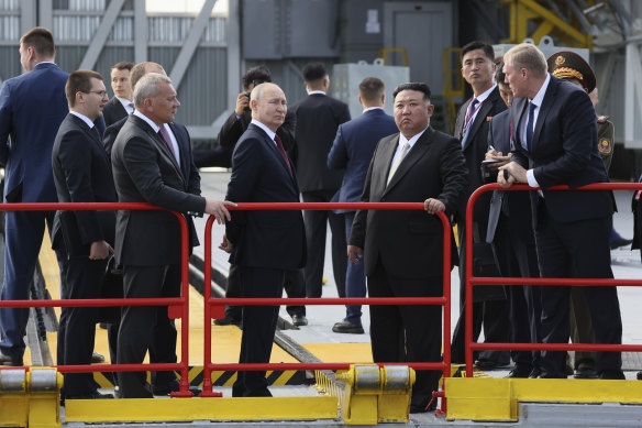 Putin and Kim examine a launch pad at Russia’s Vostochny Cosmodrome.