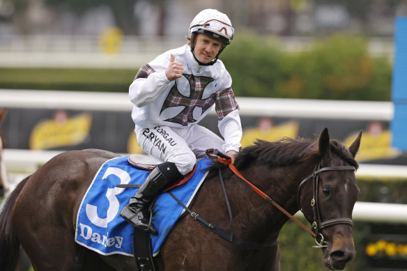 Brock Ryan gives the thumbs up on Jamaea as he returns after winning the Furious Stakes at Randwick last year.