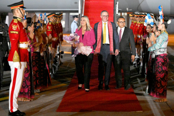 Prime Minister Anthony Albanese and partner Jodie Haydon arrive in Jakarta for the ASEAN Summit.