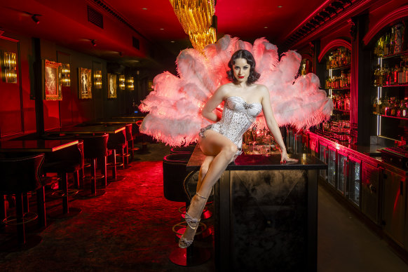 Evana de Lune, who tours the world with her burlesque act, at the Le Bar speakeasy where the now infamous Monash University Christmas party was held.