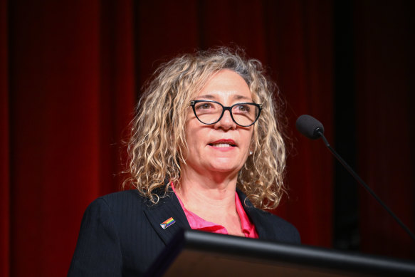 Melissa Lowe, the independent candidate for the seat of Hawthorn, addresses the crowd.