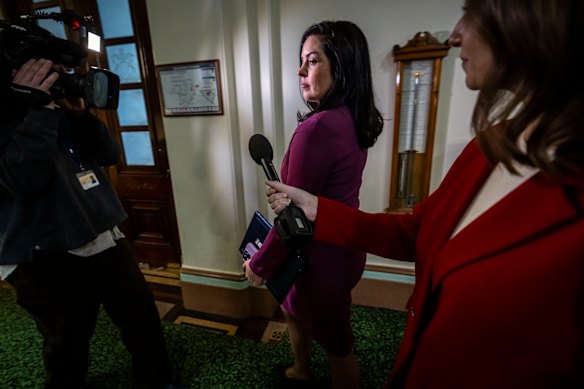 Moira Deeming leaving a Liberal party room meeting on Tuesday.