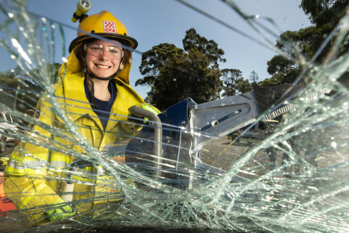 Lana Wilson, 14, learnt about rescuing someone from a crashed car at the Girls on Fire camp at Creswick on Friday.