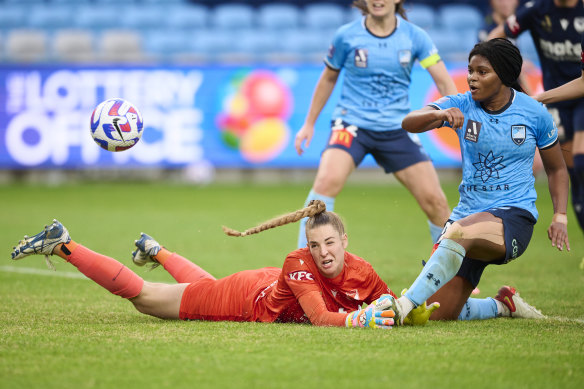 Madison Haley of Sydney FC scores a goal. 