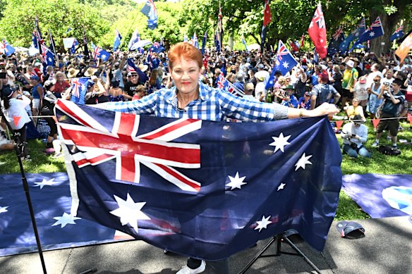 Pauline Hanson at the Brisbane rally urged the crowd to sign up as members of her party One Nation. 