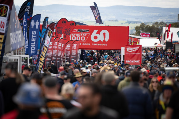 Spectators watch the qualifying and support races on the Friday before race day at the Bathurst 1000.