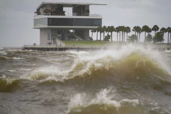 The St. Pete Pier is pictured among high winds and waves as hurricane Helene makes its way toward the Florida panhandle, passing west of Tampa Bay.