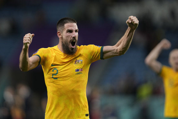 Milos Degenek celebrates the Socceroos’ 1-0 win over Denmark.