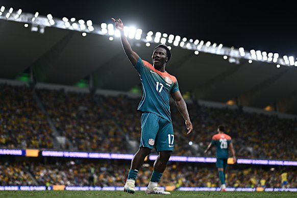 Nestory Irankunda celebrates after scoring against Brazil.