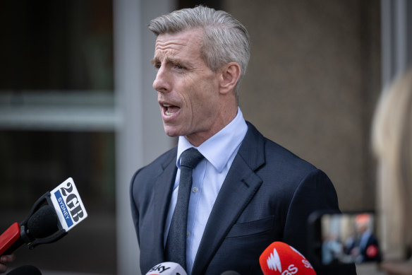 Justin Quill, one of Network Ten’s solicitors, addresses the media outside the Federal Court in Sydney.