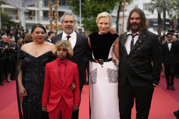 From left, Deborah Mailman, Aswan Reid, Wayne Blair, Cate Blanchett and director Warwick Thornton pose for photographers in Cannes.