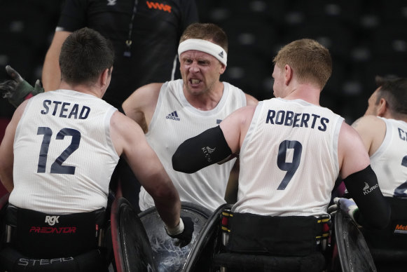 Aaron Phipps celebrates after Britain defeated Japan in a semifinal wheelchair rugby match. Britain will play the winner of tonight’s match between Australia and the US. 