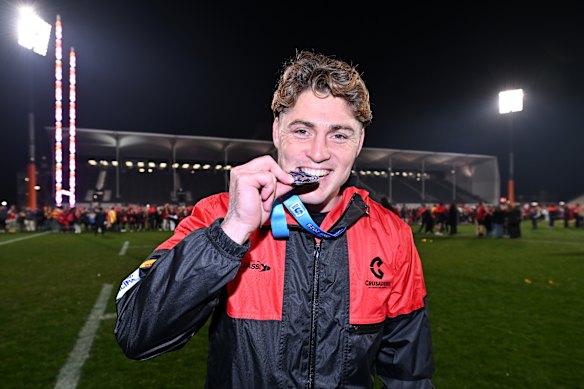 James O’Connor celebrates after winning the Super Rugby title with the Crusaders.