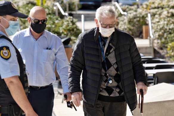Melissa Caddick’s father Ted Grimley arrives at the coronial inquest.