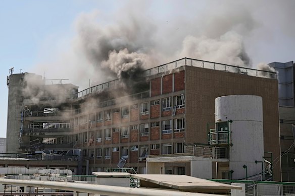 Smoke rises from the Soroka Hospital complex after an Iranian missile strike.