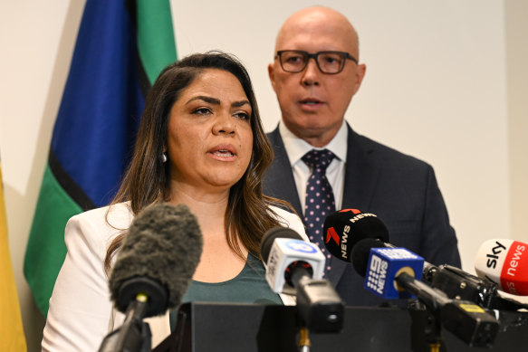 Shadow minister for Indigenous Australians Jacinta Nampijinpa Price and Opposition Leader Peter Dutton.