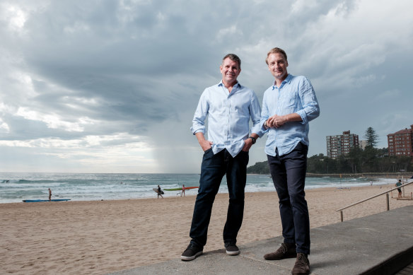 Former NSW premier Mike Baird, left, with NSW Environment Minister James Griffin, who is running for re-election in the seat of Manly.