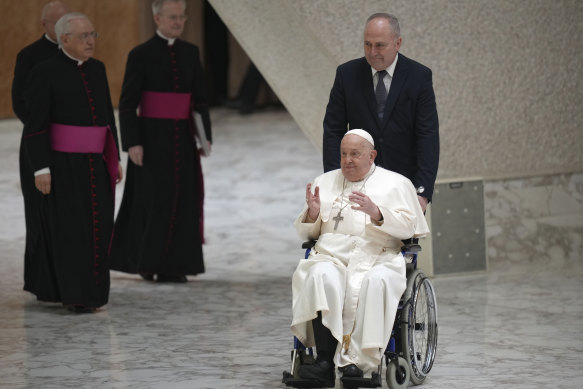 Francis arrives for his weekly general audience in the Paul VI Hall at the Vatican on February 12.