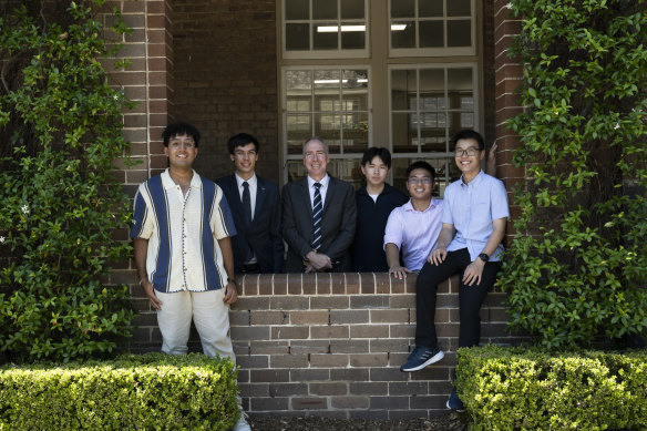 North Sydney Boys HSC students Aaryan Gandhi, Joel Gaynor, Brian Ferguson, Wilson Thai, Jordan (Khang) Ho, Joshua Chan with principal Brian Ferguson.