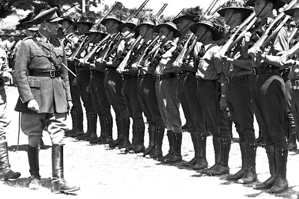 The governor-general, Lord Gowrie, inspects a regiment in 1939. He would go on to quash Whitlam’s conviction.