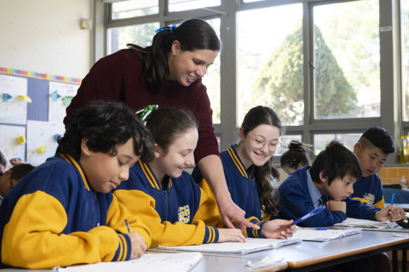 Students in a composite year 5 and 6 class with their teacher Stacey Talbot at Yates Avenue Public School in Dundas Valley.