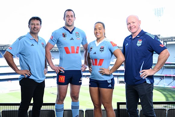 NSW men’s coach Laurie Daley, captain Isaah Yeo, women’s captain Isabelle Kelly and women’s coach John Strange at the MCG on Monday.