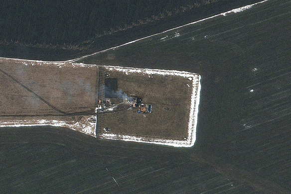 An image provided by Maxar Technologies shows damage at the Chuhuiv airfield in Chuhuiv, Ukraine, following attacks by the Russian military on the base. 