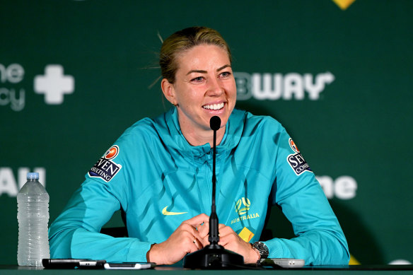 Matildas defender Alanna Kennedy speaks to the media on Friday.