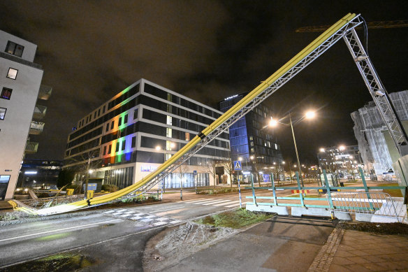 A cable portal with power lines to a construction site collapsed in central Malmo, Sweden after a powerful winter storm swept through northern Europe over the weekend. 