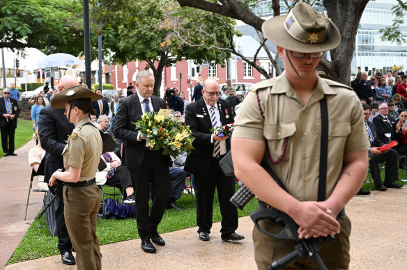 Prime Minister Anthony Albanese (centre) lays a wreath during a service to mark the 50th anniversary of the end of Australia’s involvement in the Vietnam War at the Soldiers’ Memorial Hall at Ipswich.