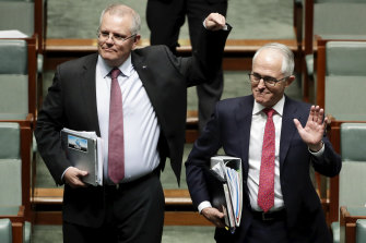Then-Treasurer Scott Morrison and Prime Minister Malcolm Turnbull during question time on August 21, 2018. 